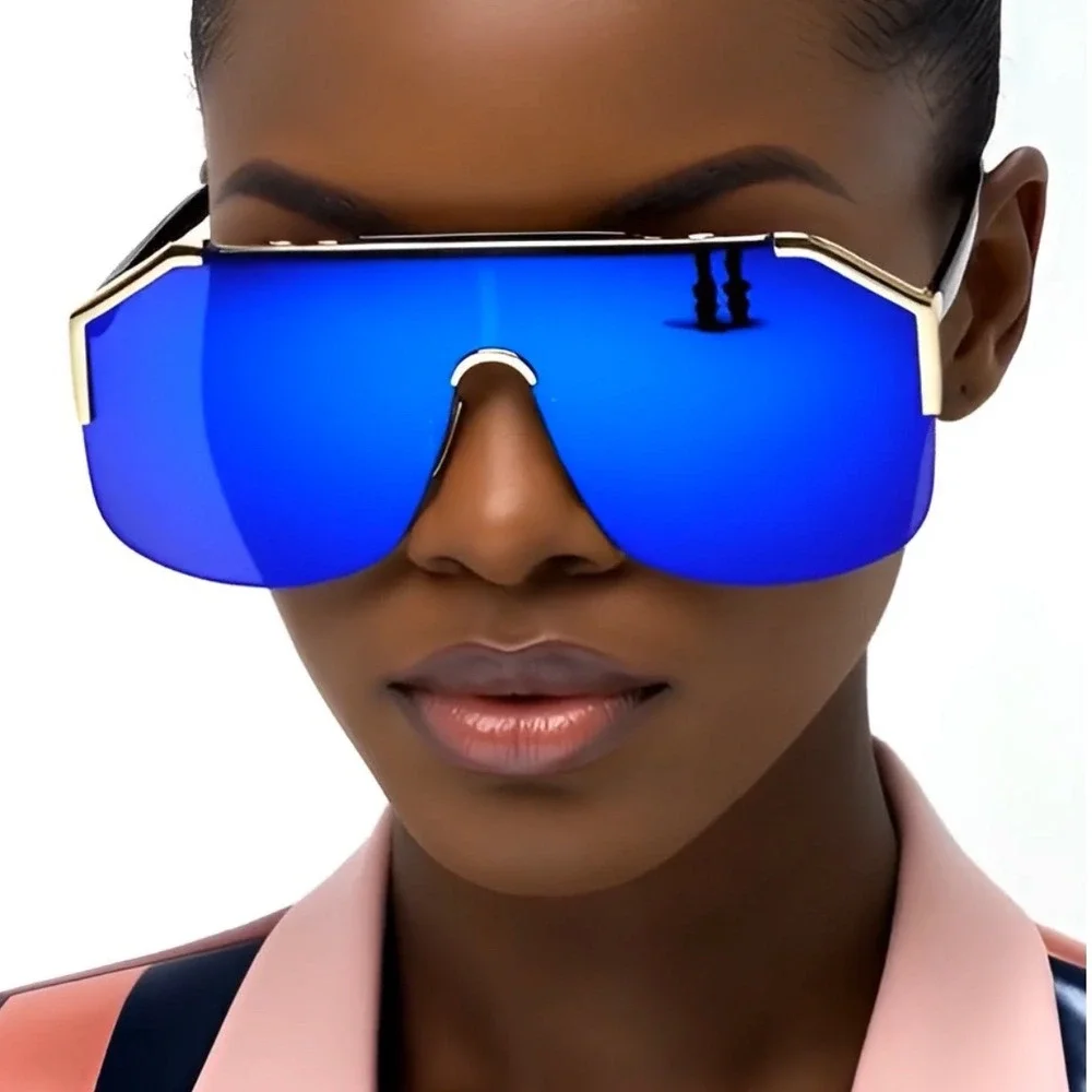 Sunglasses Gold Trim Blue Mirror Lenses Women Style Female‎ Party Shades Large
